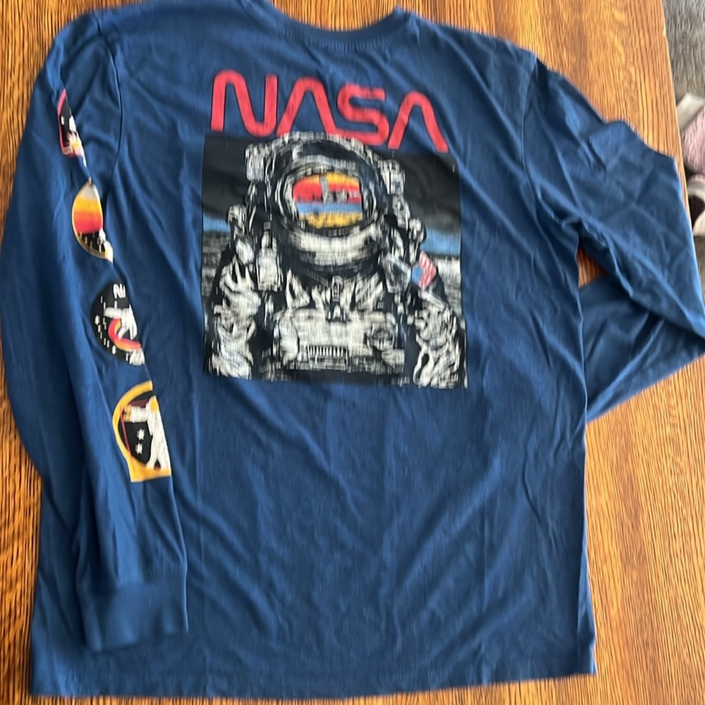 NASA Fifth Sun T Shirt Long Sleeve L Blue Mens Astronaut Space Shuttle Crew Neck